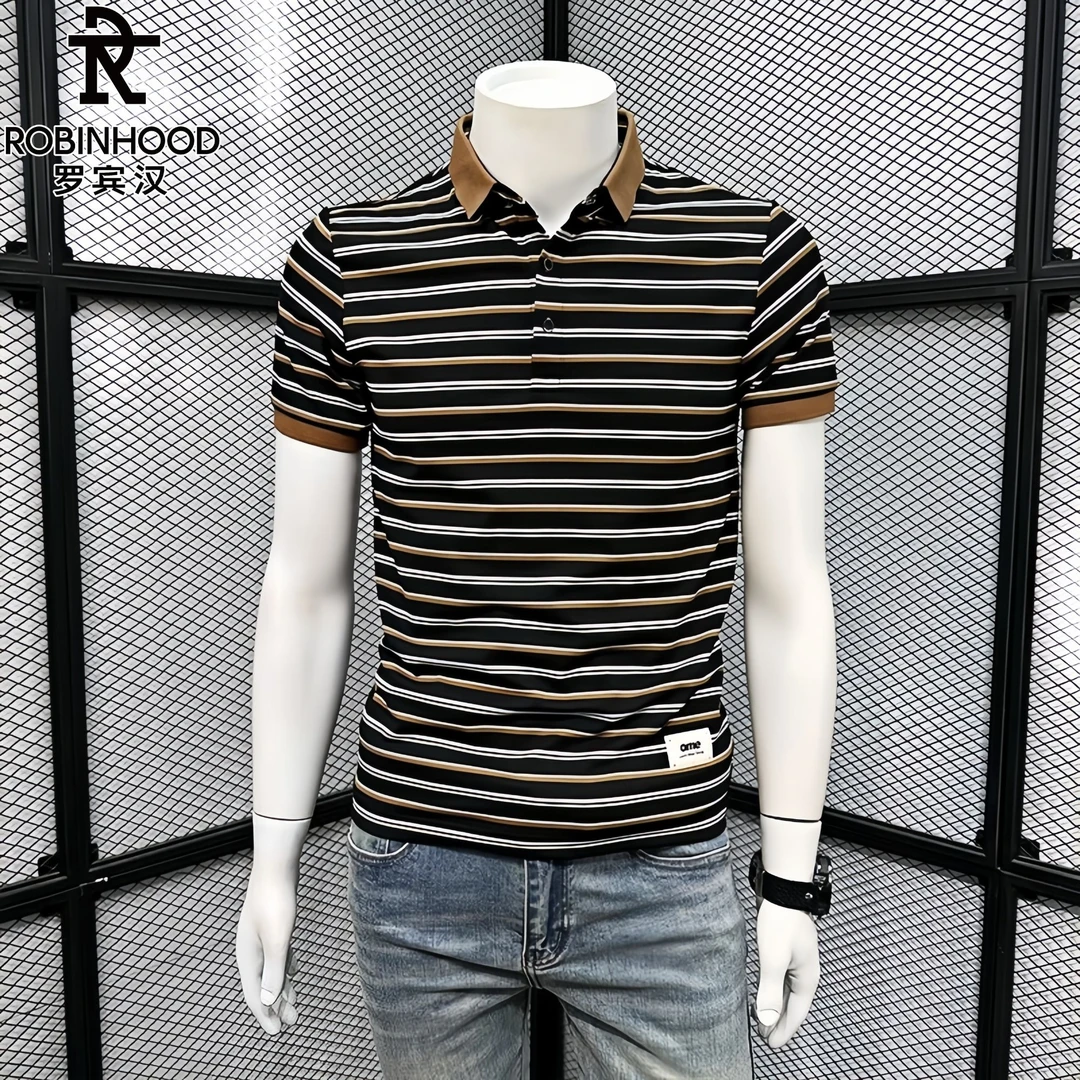 罗宾汉/ROBINHOOD条纹POLO衫男短袖t恤夏季新款休闲时尚潮牌体恤