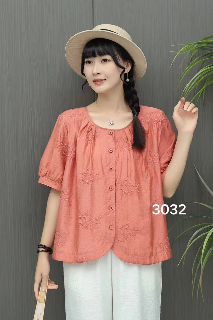 3032夏季新款提花刺绣宽松棉麻短袖上衣