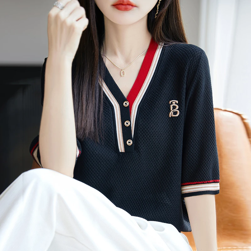 V领撞色短袖t恤女夏季2025新款打底衫洋气大码女装冰丝针织上衣
