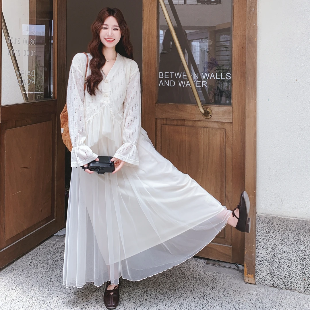 网纱拼接针织镂空V领上衣半身裙套装女2025秋季超仙温柔风两件套