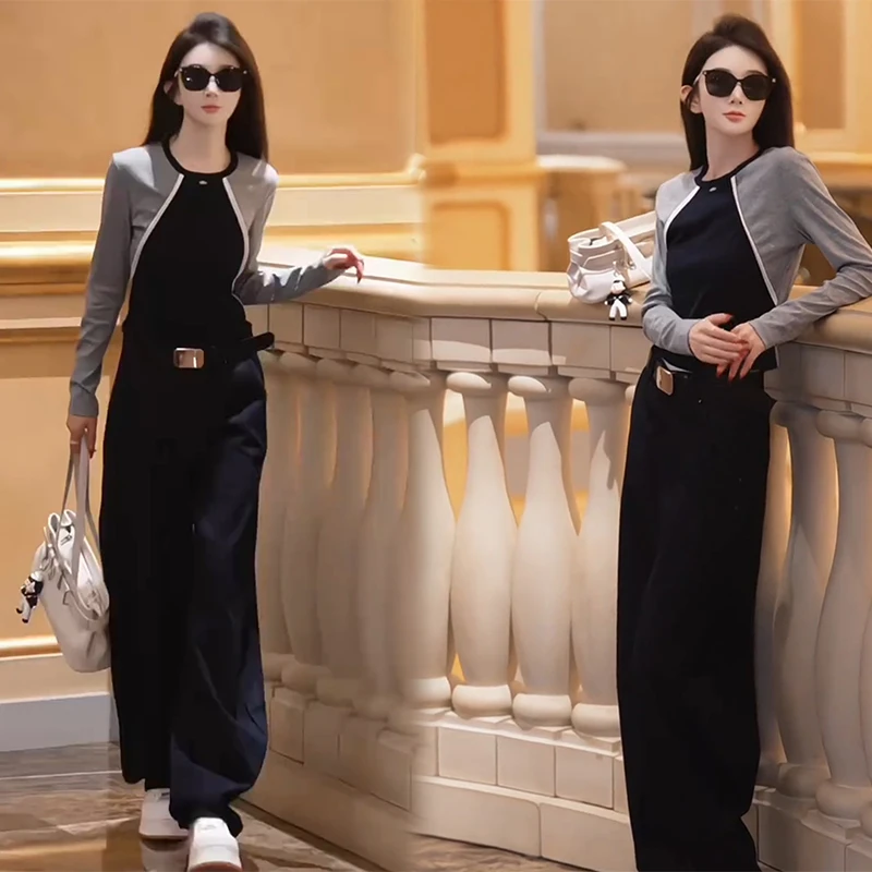2025秋季撞色设计长袖t恤打底衫高腰窄版阔腿裤子显瘦两件套装女