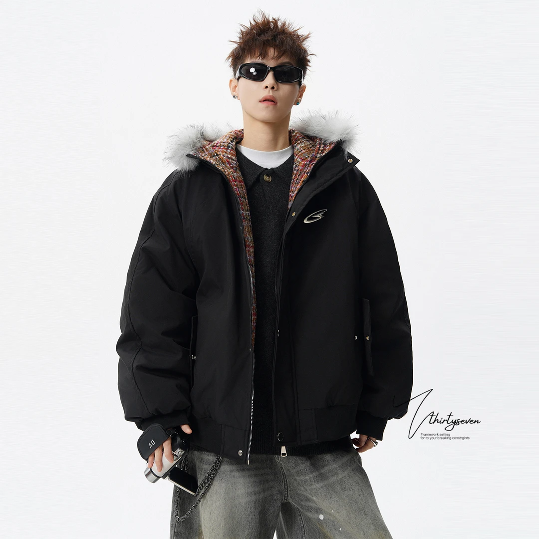 高街痞帅金属标毛领加绒派克服男款冬季美式潮牌廓形加厚连帽棉衣