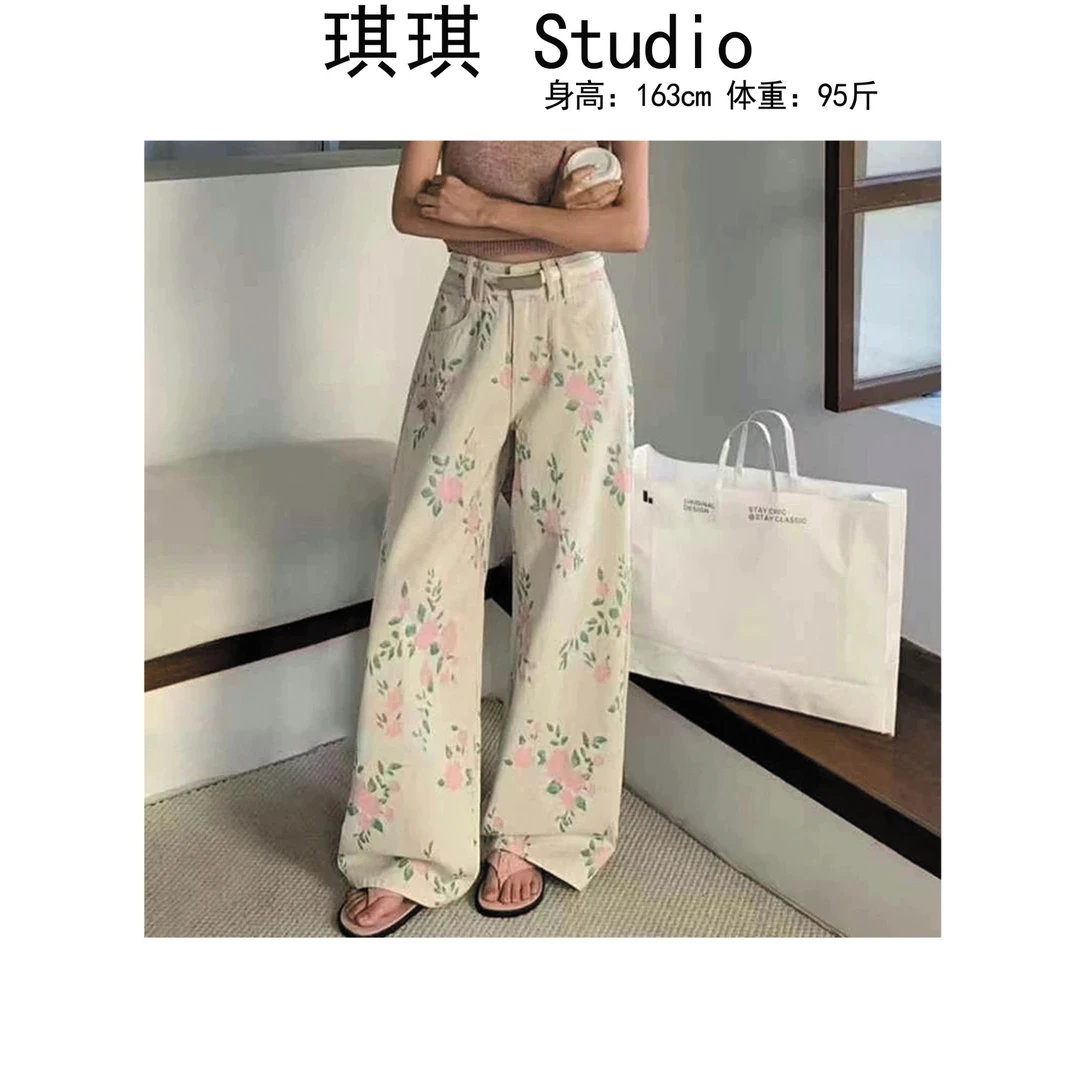 《琪琪家》夏季新款重工设计满身粉色花朵带腰带减龄牛仔裤8305-CS