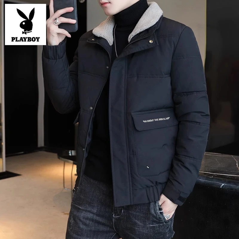 花花公子棉衣男士外套短款冬季新款加绒加厚棉袄潮流男毛领运动棉
