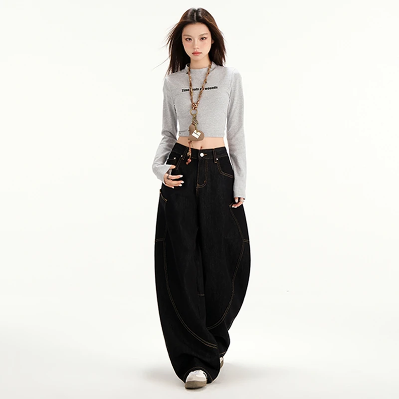 【旗鼠】美式复古｜弯刀牛仔｜字母刺绣｜拼接宽松阔腿牛仔裤子