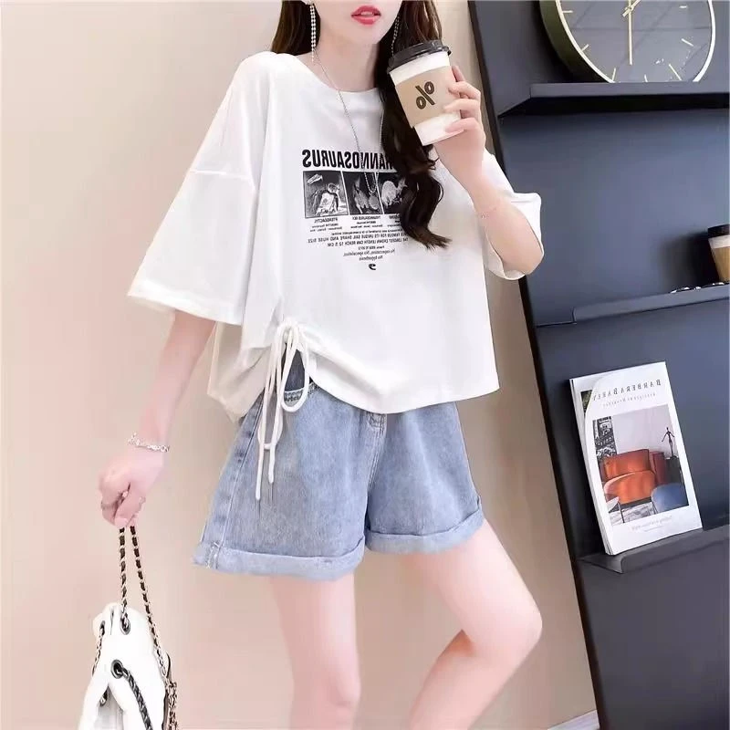 设计感小众纯棉抽绳短袖T恤女小个子夏季大码时尚洋气短款上衣潮