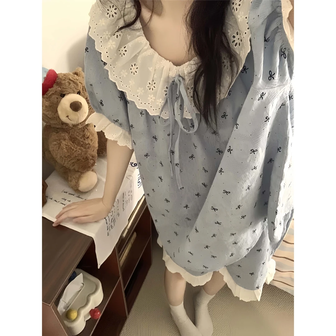 韩系甜美蝴蝶结短袖睡衣女夏款蕾丝花边大码宽松短裤家居服套装
