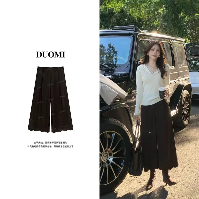 【DUOMI】早秋新款女装百搭时尚设计感花边裤女裤D7692