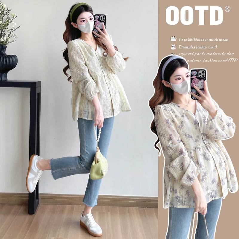 2025春季新款韩版v领蕾丝刺绣娃娃衫孕妇上衣可搭配孕妇牛仔裤
