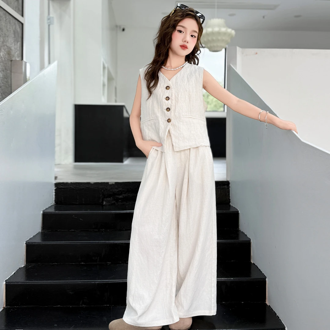 女童夏装亚麻套装2025新款儿童洋气大童时尚马甲阔腿裤女装两件套