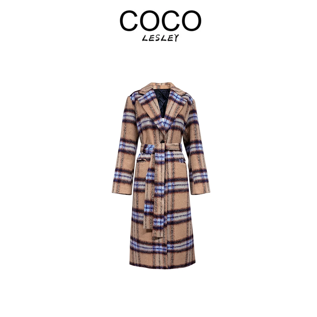 【COCO LESLEY】新款鹅绒高级感撞色格子中长款毛呢外套237