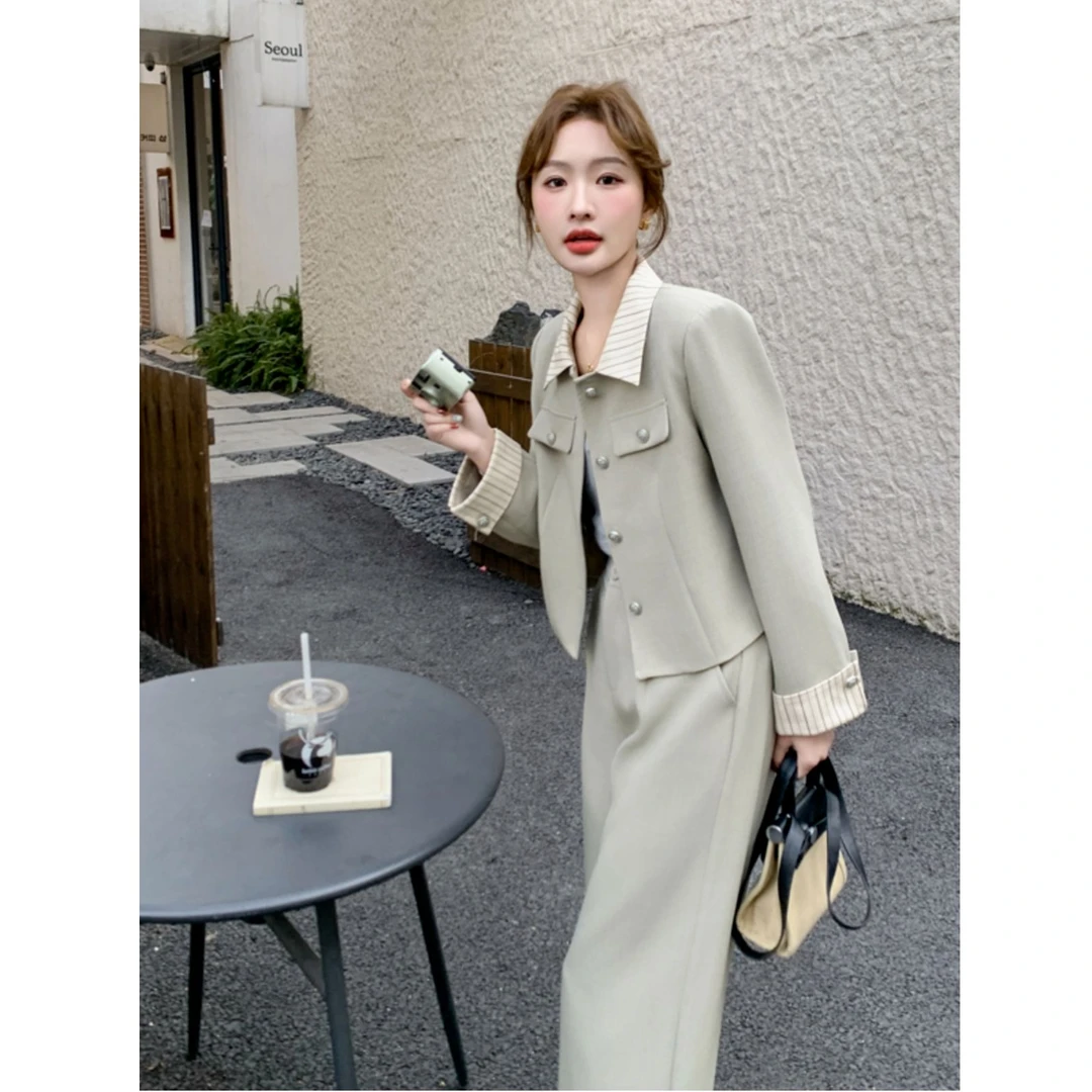 时尚气质套装女拼接外套秋季新款直筒阔腿裤两件套轻熟风垂感