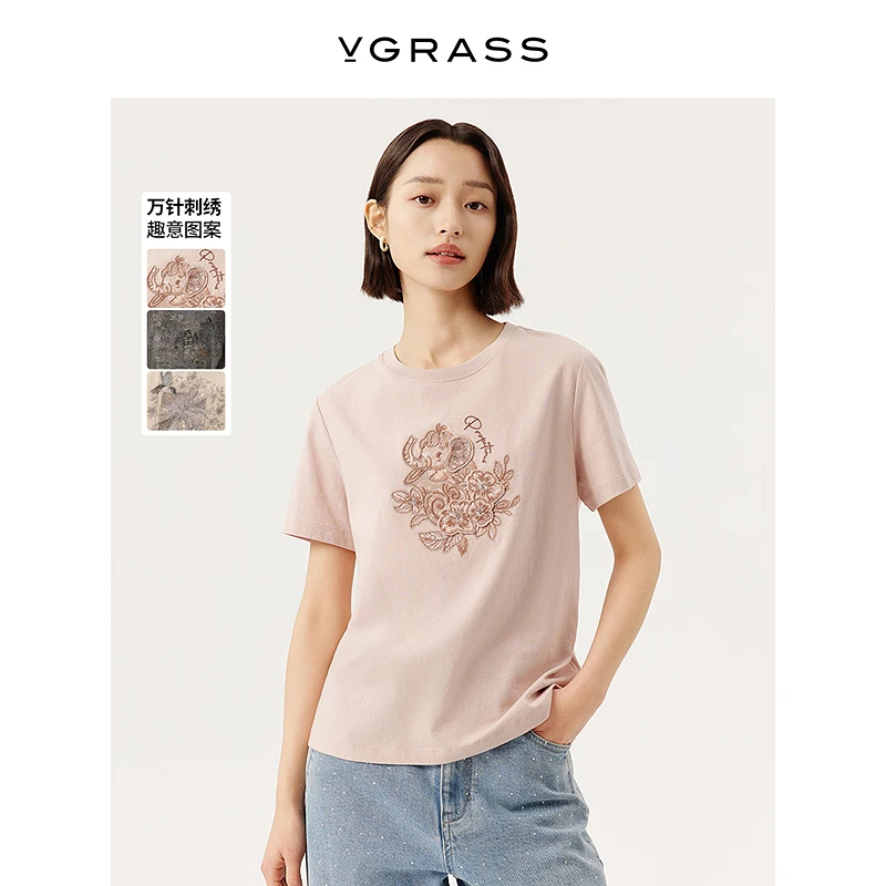 VGRASS维格娜丝欧若假日风25年春季新款绣花新疆棉T恤VST1Q1040E