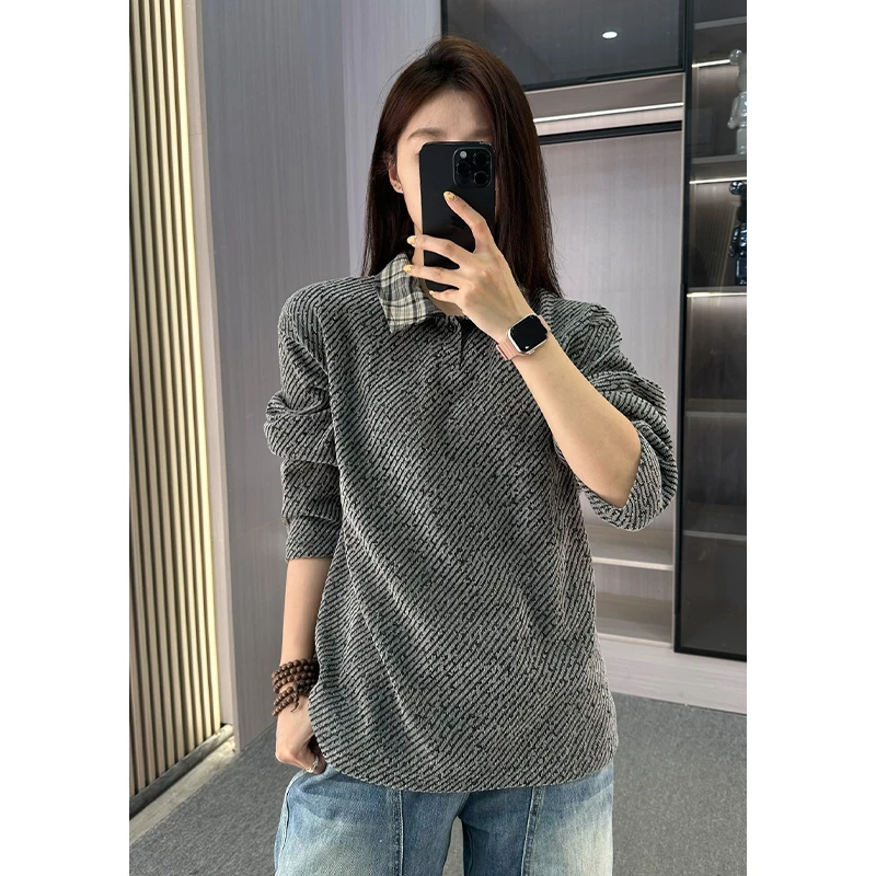 假两件拼接格子雪尼尔卫衣男款秋冬季加绒小香风polo领针织衫外套