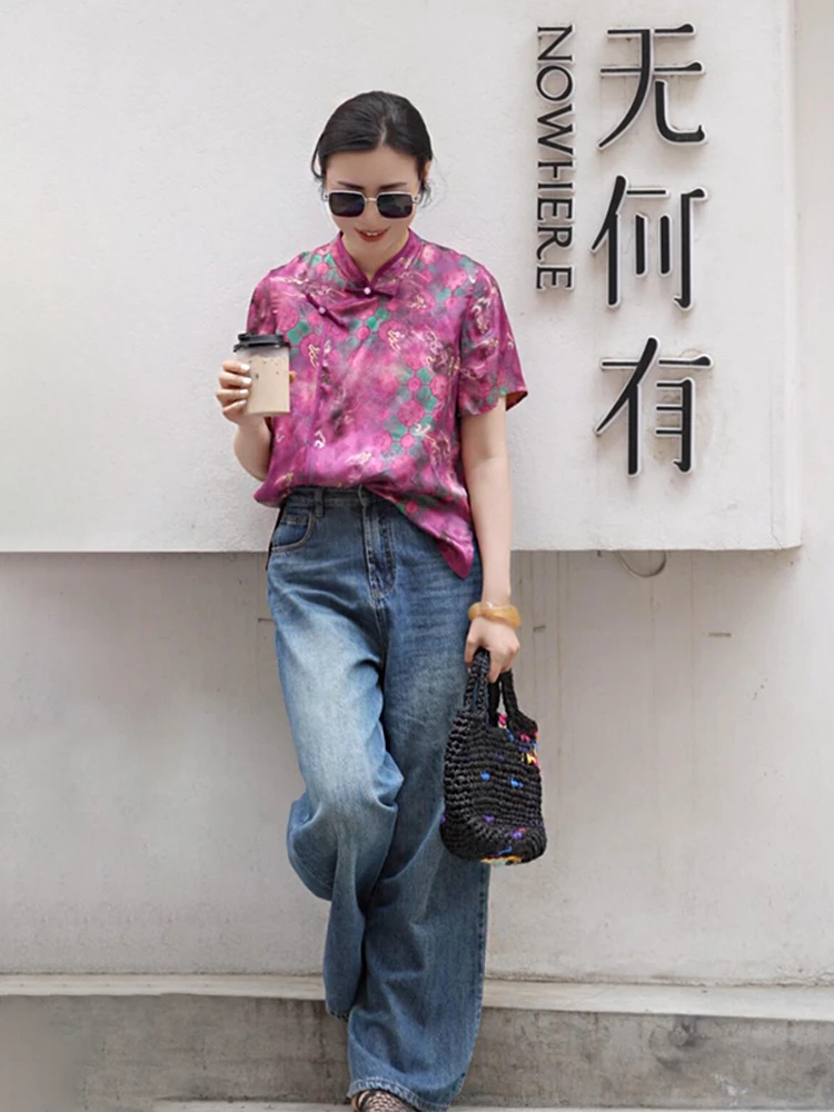 今年流行的漂亮印花上衣新中式国风盘扣短袖衬衫2025新款女款夏季