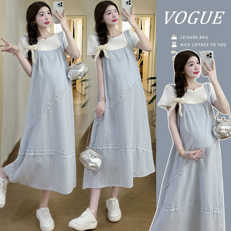 孕妇夏装套装2025新款短袖薄款上衣宽松遮肚显瘦背带连衣裙两件套