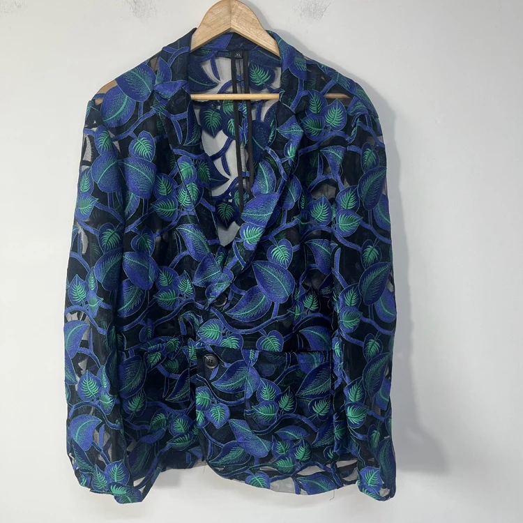 蓝绿树叶重工刺绣透视网纱设计师男装个性秀款造型休闲外套西服装