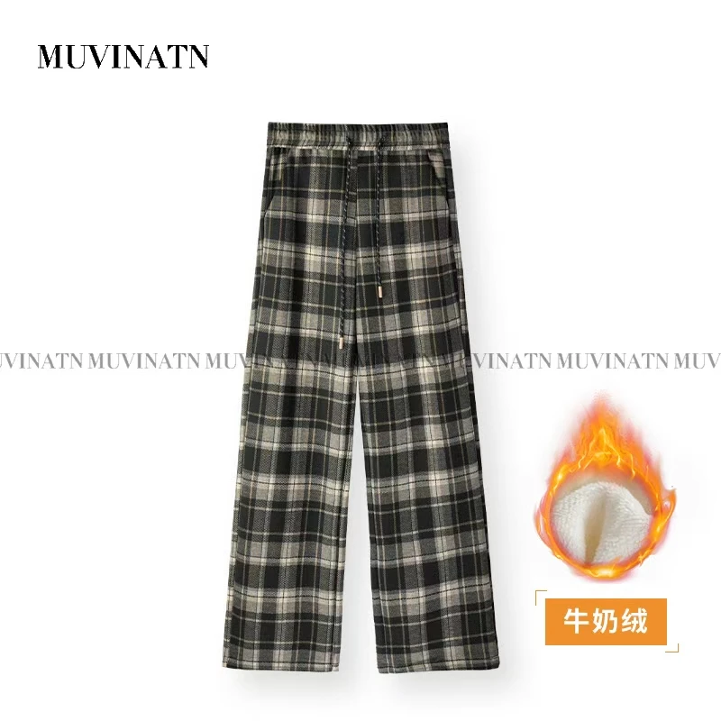 【EVQUEEN】加绒加厚秋冬新款窄版阔腿裤2025显瘦休闲百搭格子裤女