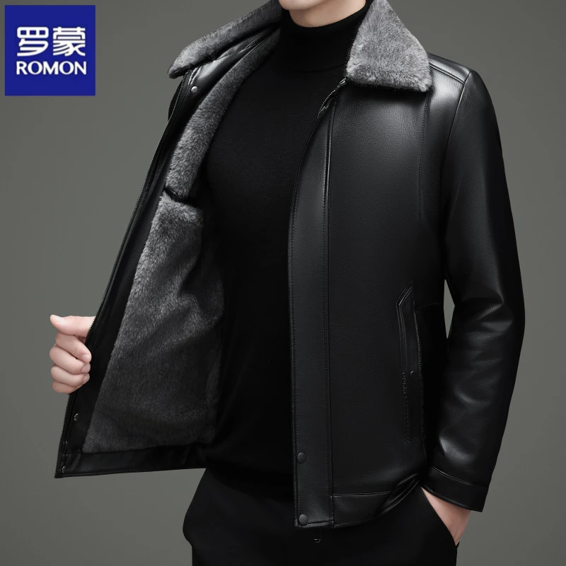 罗蒙男士翻领加绒加厚短款男休闲时尚皮衣本布下摆冬季保暖外套