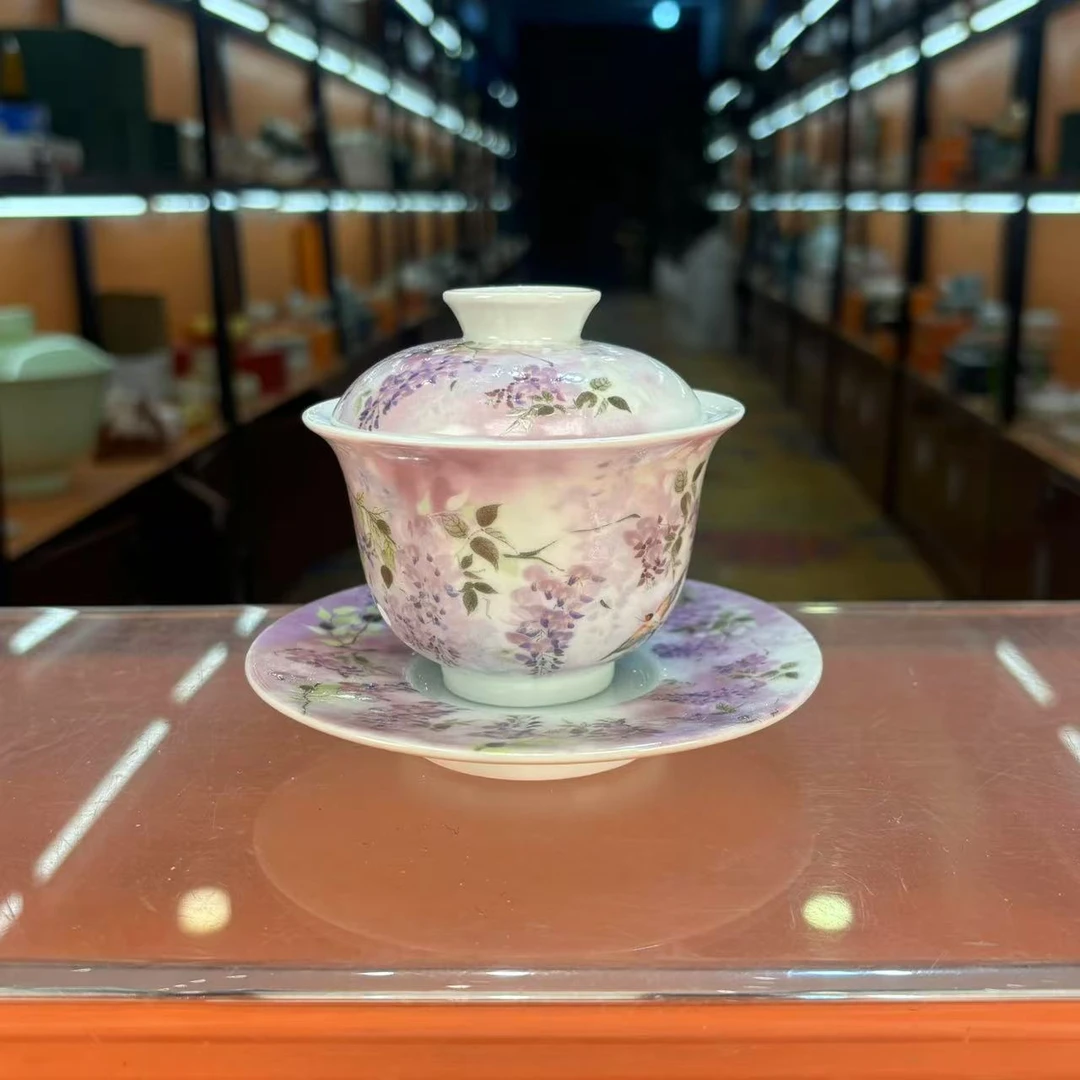 秋香茶具 羊脂玉瓷繁花紫藤花盖碗家用泡茶陶瓷盖碗-5315