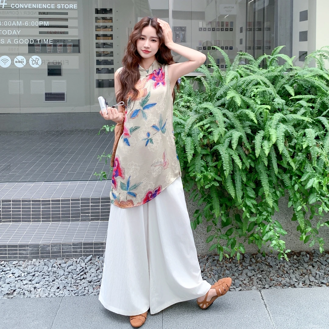 新中式国风无袖上衣高腰阔腿裤套装女2025夏季新款显瘦复古两件套