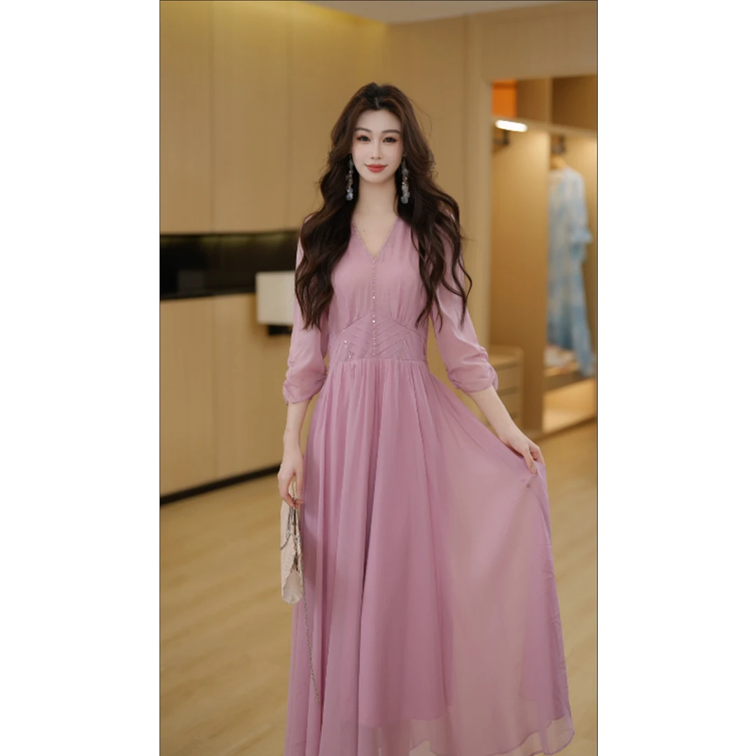 2025春新款气质长袖轻奢温柔慵懒显瘦时尚长款气质遮肉连衣裙女