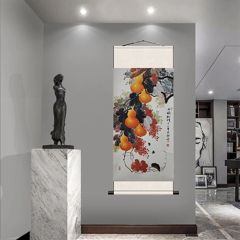 装饰挂画-《五福临门》-福利竖幅-玄关-花鸟挂画