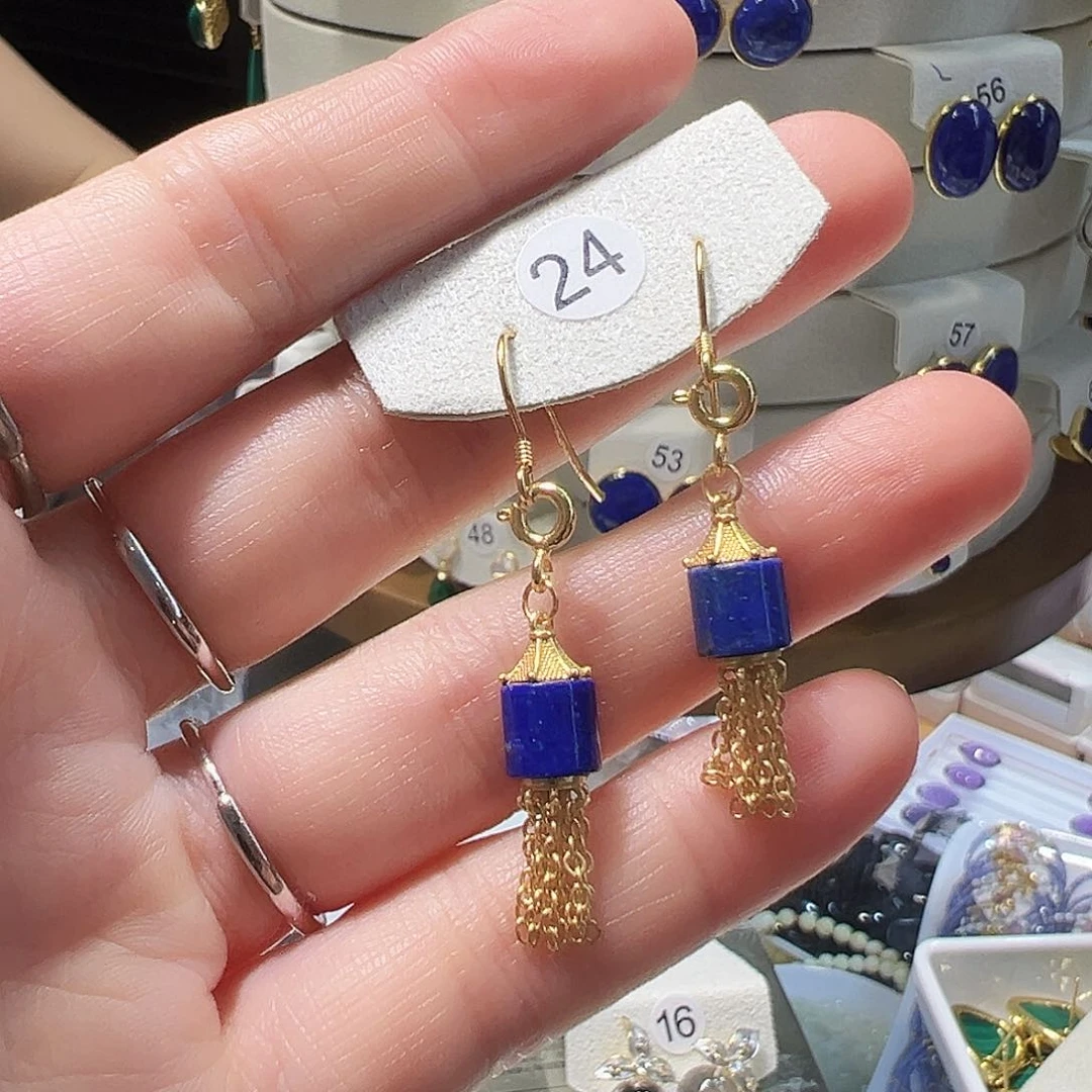 青金石银S925镶嵌耳饰不退不换