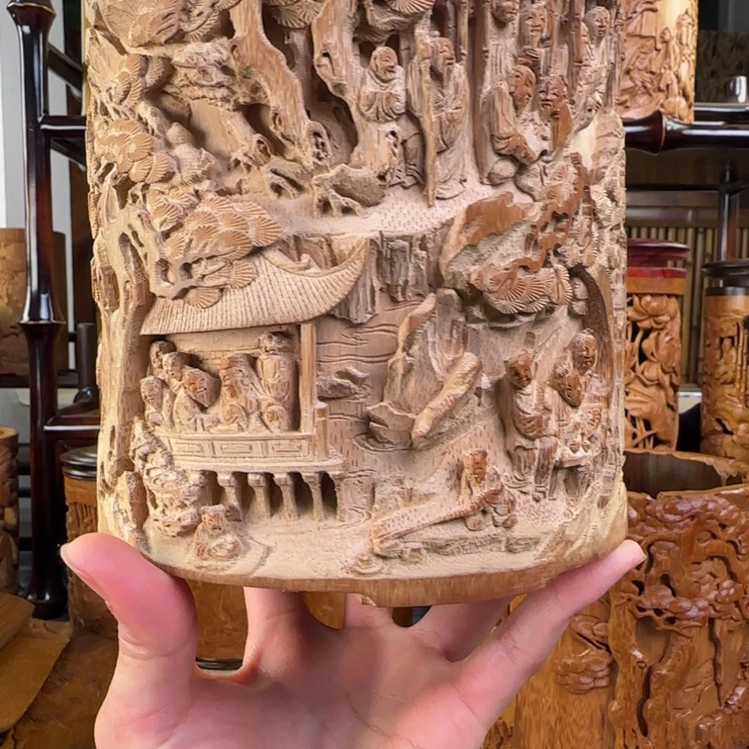 香榧木兰亭雅集大笔筒，精雕高货