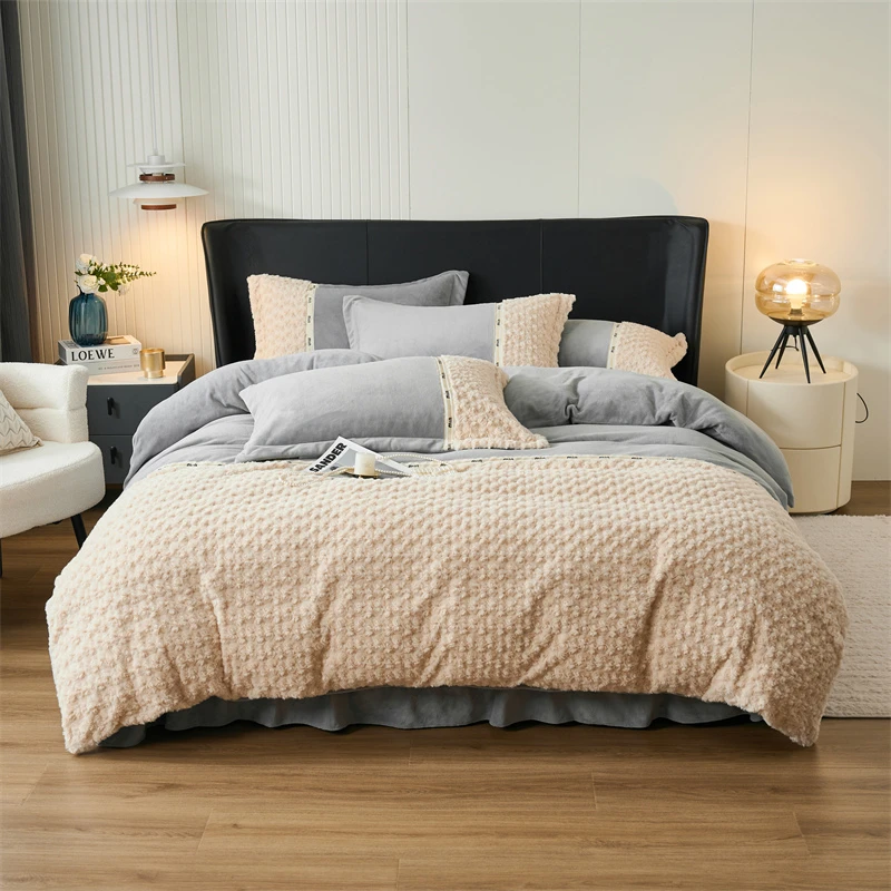 时尚轻奢加绒min双拼立体兔毛绒四件套