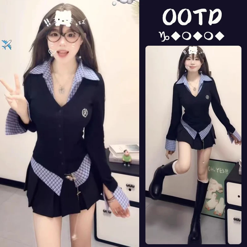 2025新款春季美式假两件拼接衬衫长袖上衣百搭高腰百褶裙两件套