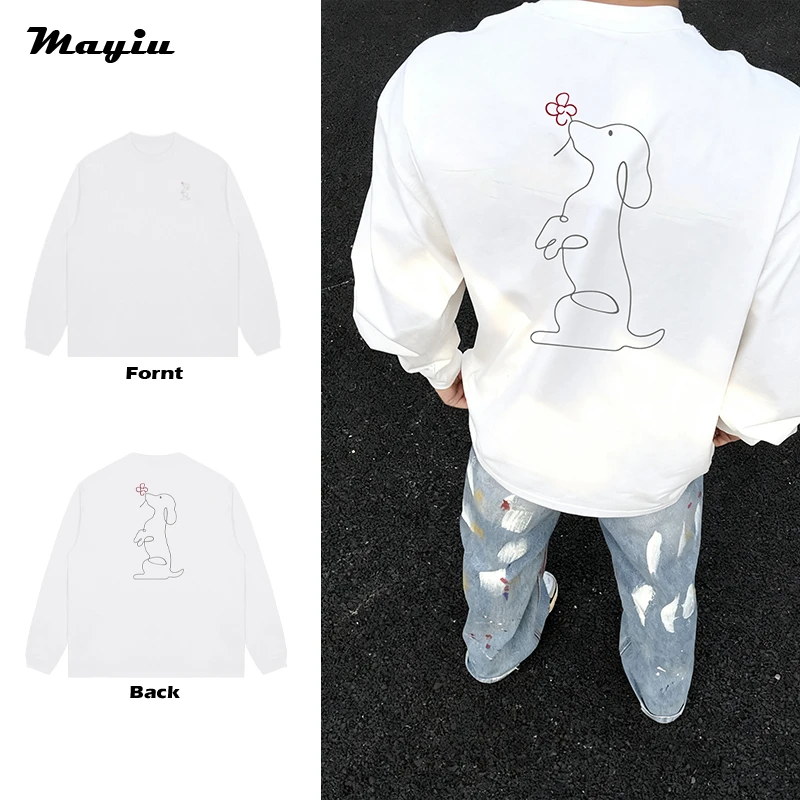 腊肠狗小众款vintage潮牌秋季嘻哈复古印花圆领T恤男女长袖上衣