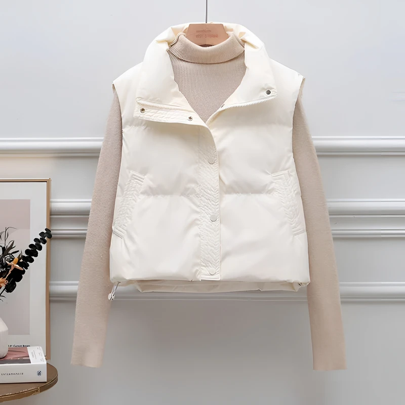 秋冬季2024羽绒棉服马甲女PU皮免洗立领宽松短款外穿洋气坎肩外套