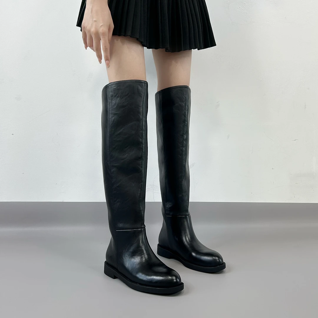 【34-40】2cm/牛皮/时尚简约款圆头长靴女经典百搭舒适低跟时装靴
