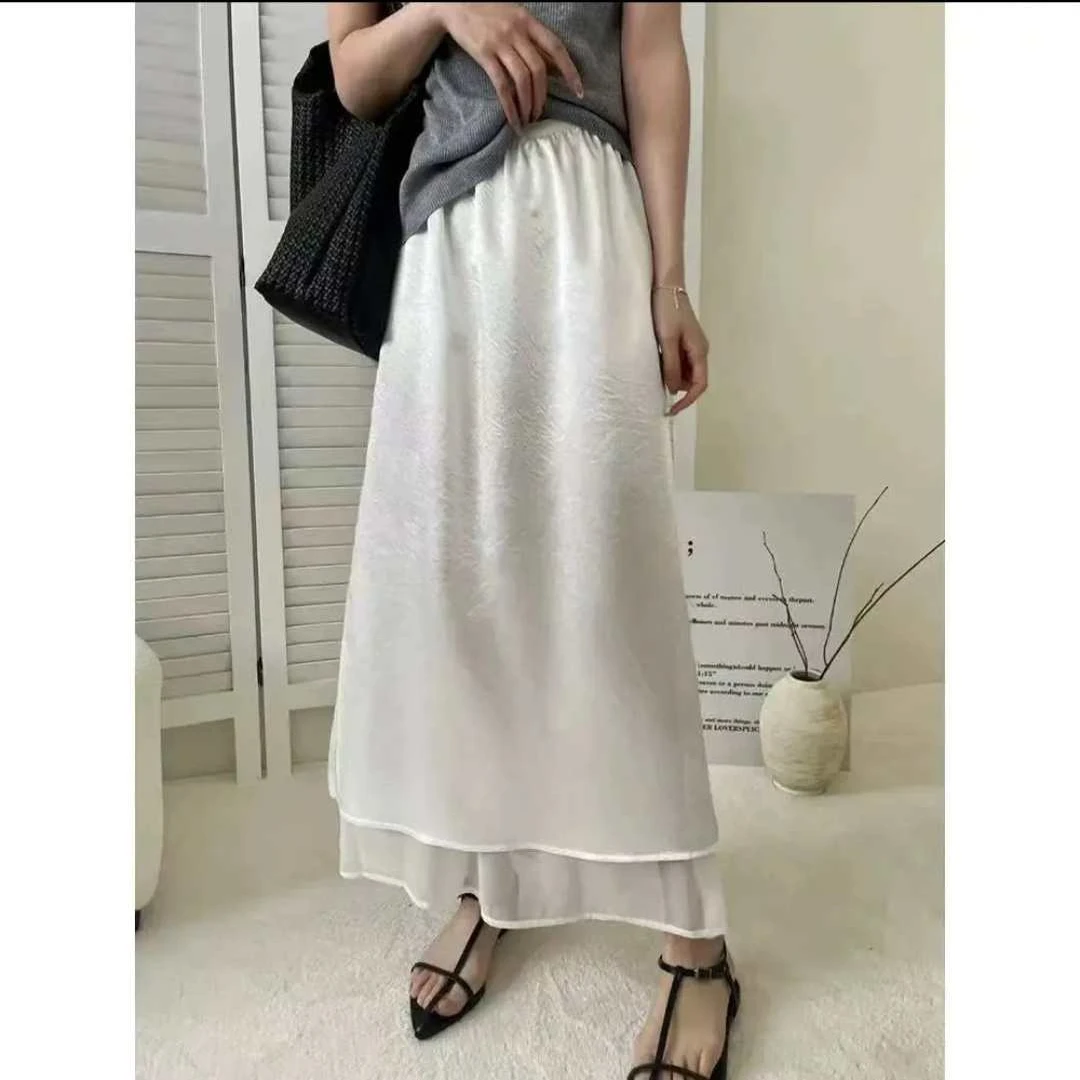 2025春夏新款半身裙复古小波点全松紧双层侧开叉长裙女士字裙