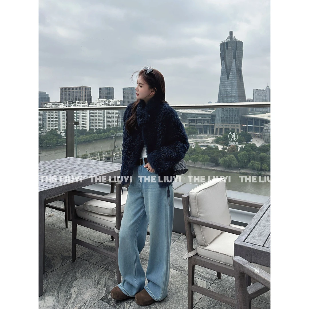 【LIUYI】水星记~冬季软糯保暖加厚绒直筒浅蓝牛仔裤510221