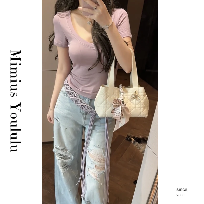 【mimius】喵喵 韩系纯欲风V领正肩修身短袖T恤 G04054