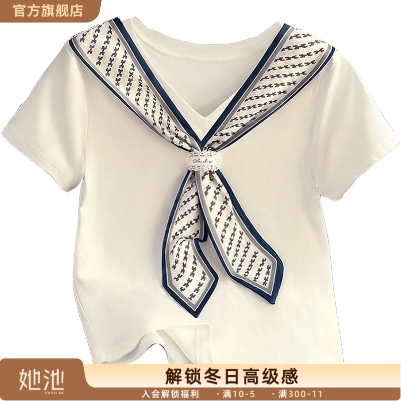 2025夏季新款女装时尚修身显瘦通勤休闲套头V领短袖T恤S52X4141T