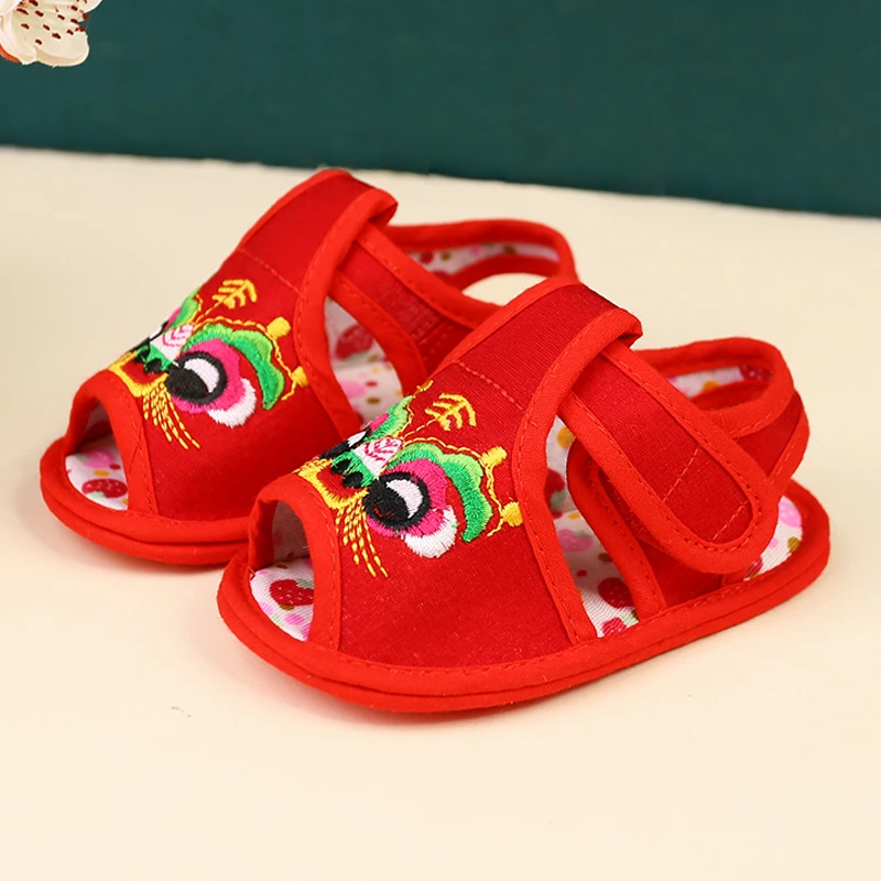 蛇年婴儿虎头鞋夏季凉鞋学步软底男女宝宝手工鞋红色中国风HTX067