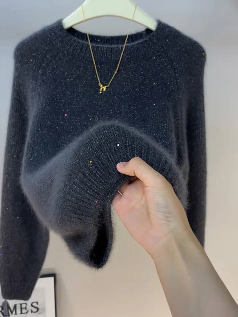 设计感亮片圆领针织衫2025秋冬季新款慵懒风洋气小众长袖毛衣女装