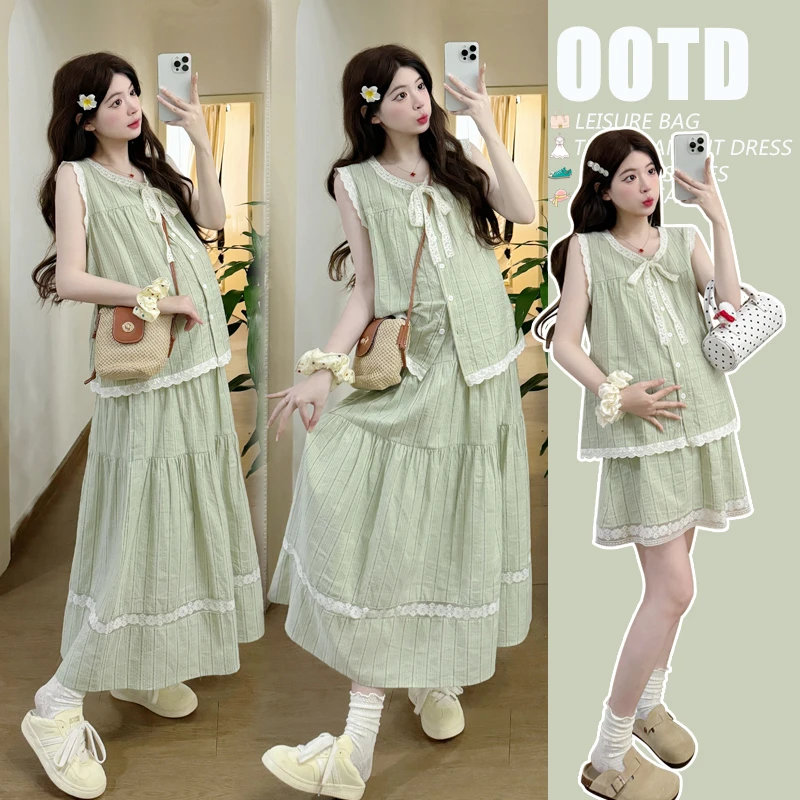 { 糕糕 }孕妇装2025夏季新品法式甜美减龄洋气无袖娃娃衫半裙套装