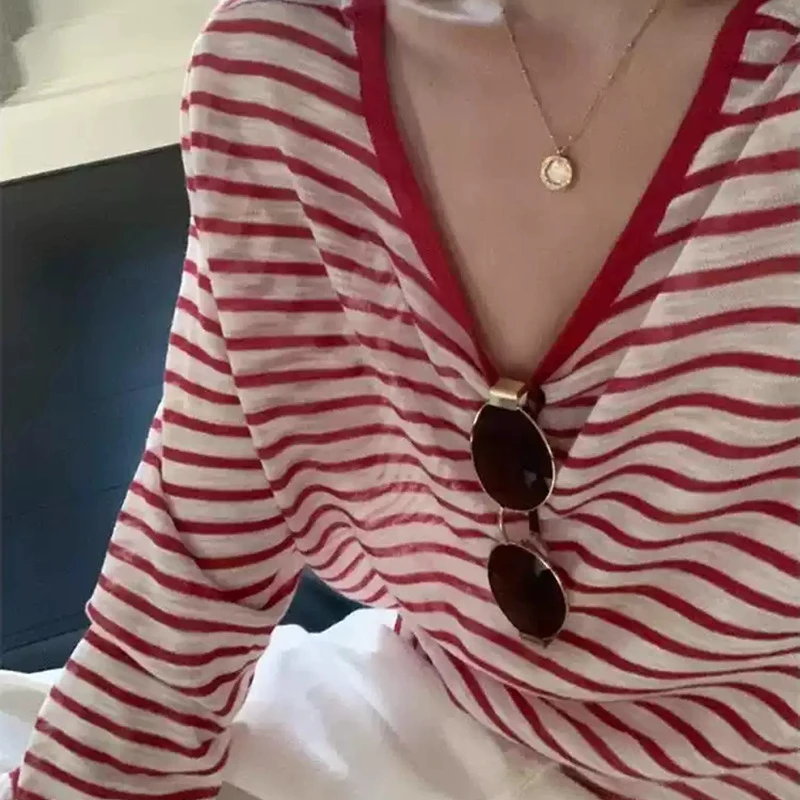 红白条纹长袖t恤女秋季新款韩版宽松休闲百搭时尚内搭中长款上衣