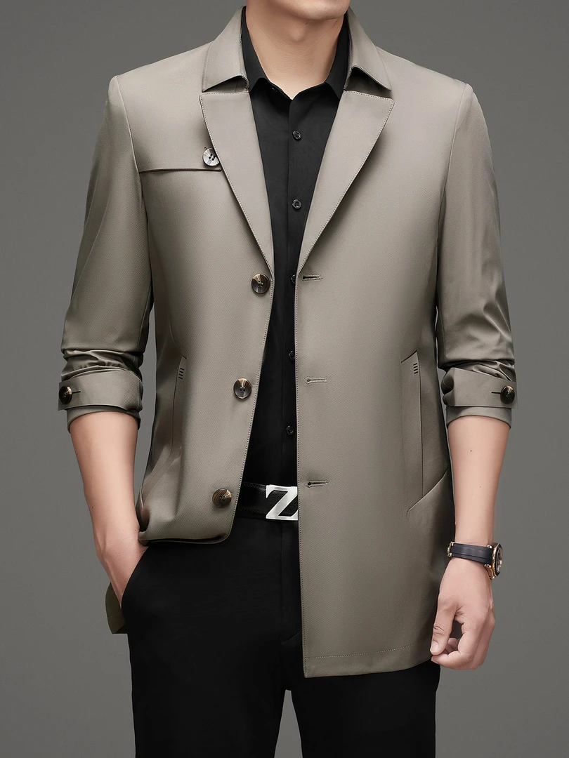 2025秋季西装领风衣男青年潮流休闲纯色翻领中长款英伦风工装外套