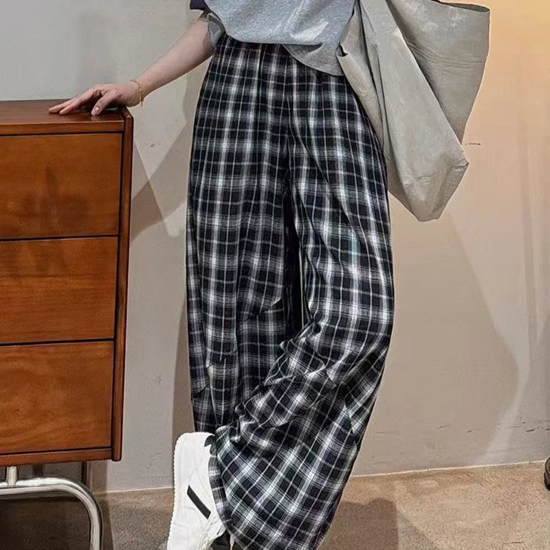弥蚕直筒裤高个子格子阔腿裤女高腰显瘦抽绳休闲裤格纹百搭宽松