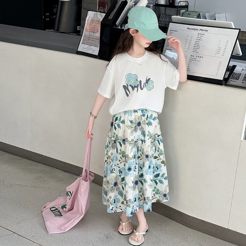 女童夏装套装2025新款儿童短袖T恤碎花半身裙两件套女孩夏季大童