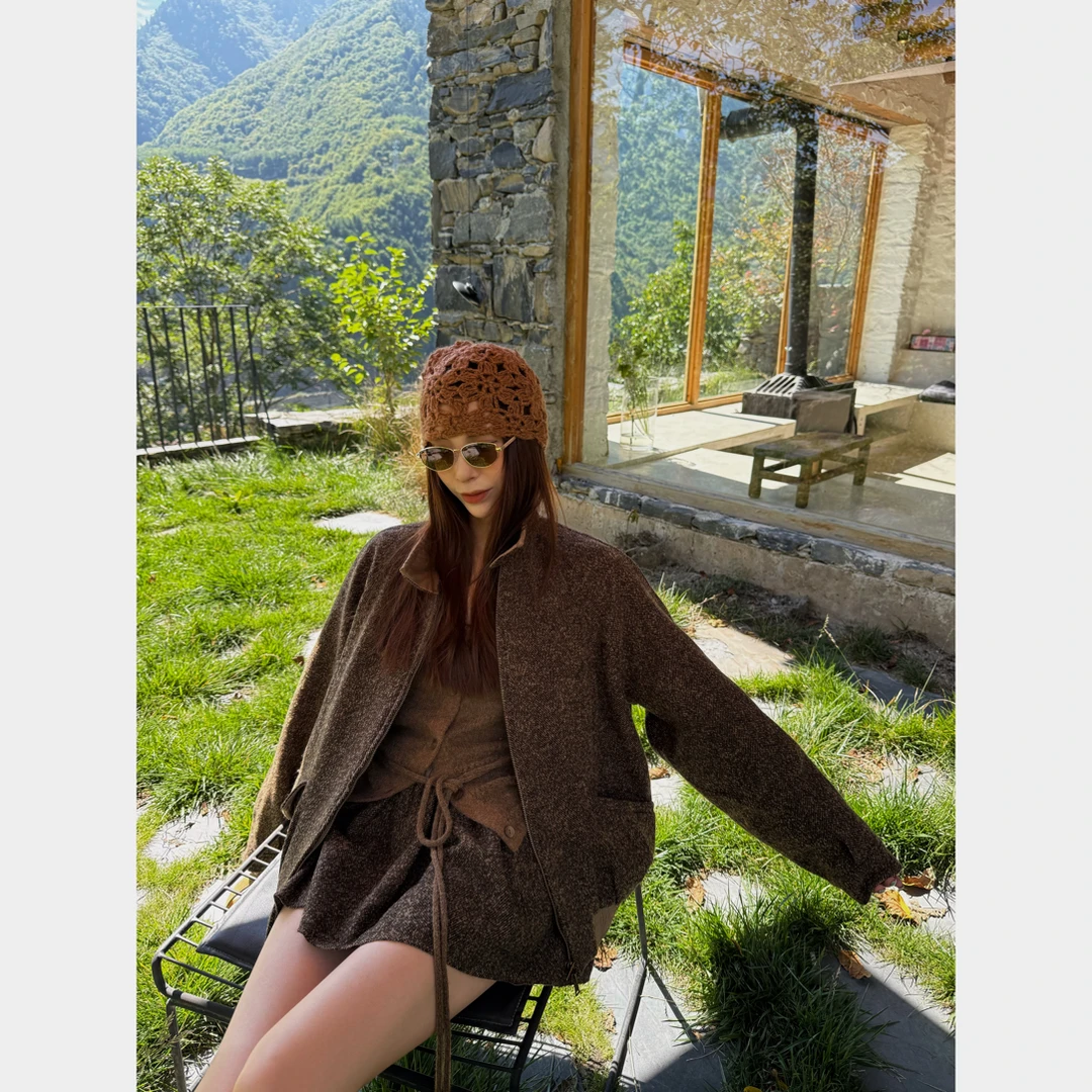 “AWONDERWEEK ”时髦复古羊毛呢立领宽松休闲夹克外套半裙套装