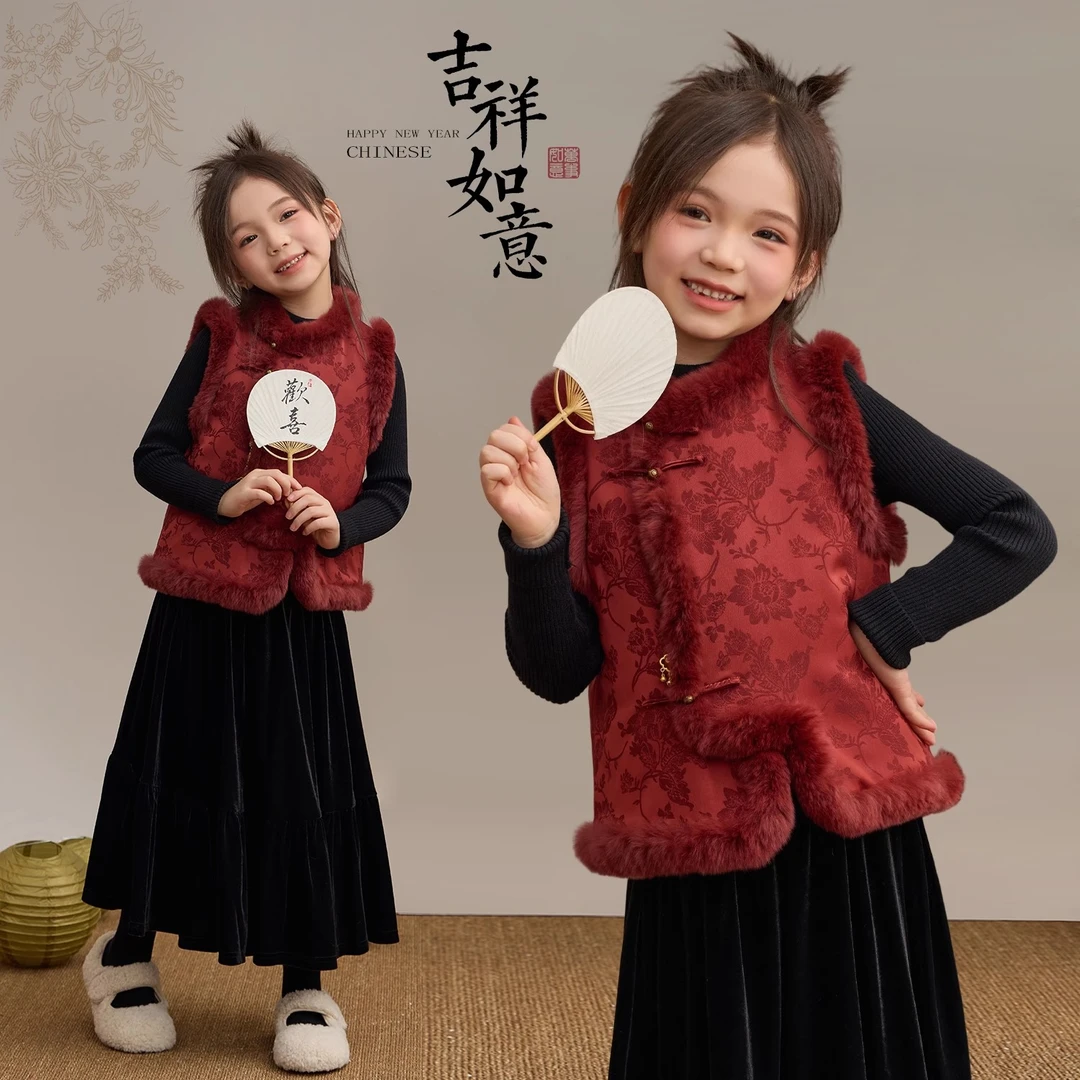 2025女童新年拜年服冬新中式保暖棉服裙子新年战袍马甲