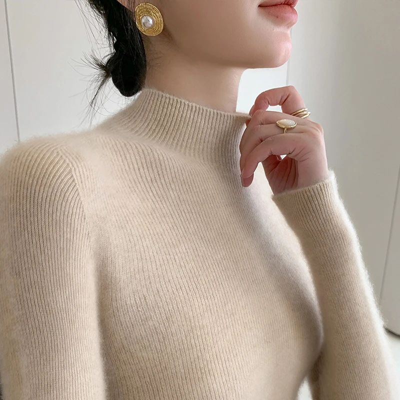 一线无缝羊毛针织衫女款紧身内搭套头打底衫纯色简约高级长袖毛衣
