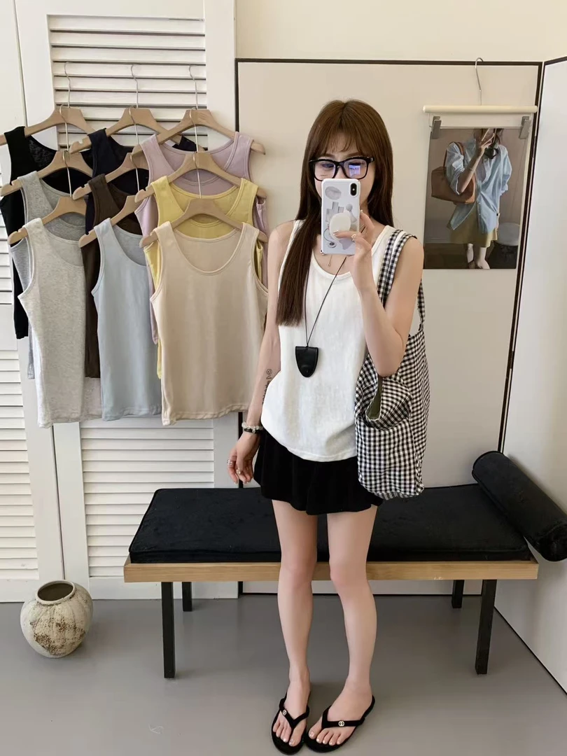 肉肉家-【慵懒松弛U领背心】女士夏季休闲百搭显瘦麻棉背心