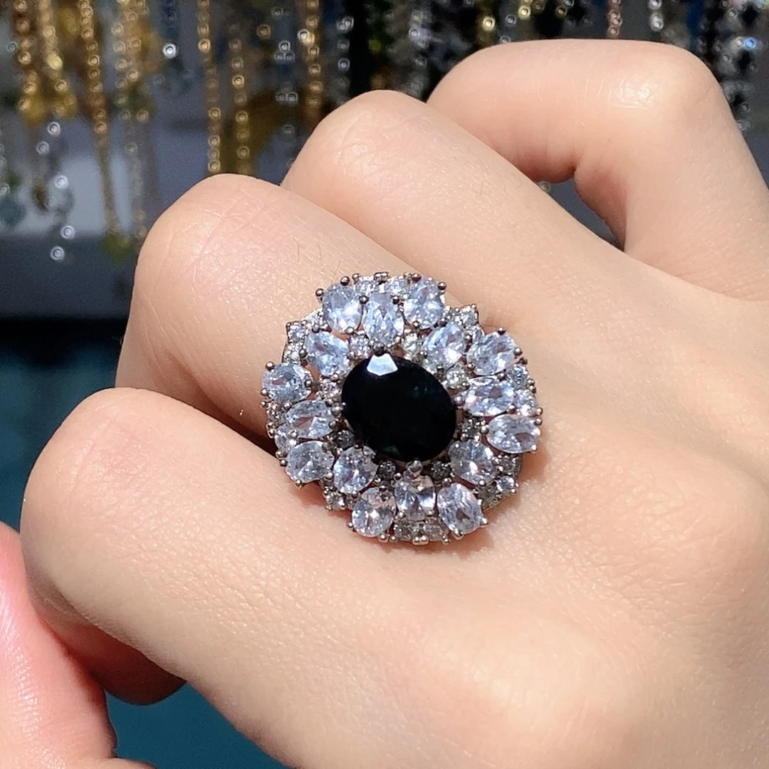 戒指蓝宝石银S925镶嵌天然蓝宝石